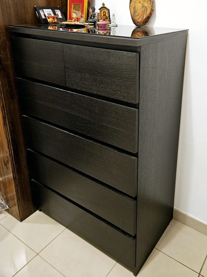 Almost new IKEA Chest of 6 drawers with glass top for added protection, Sale price AED 400